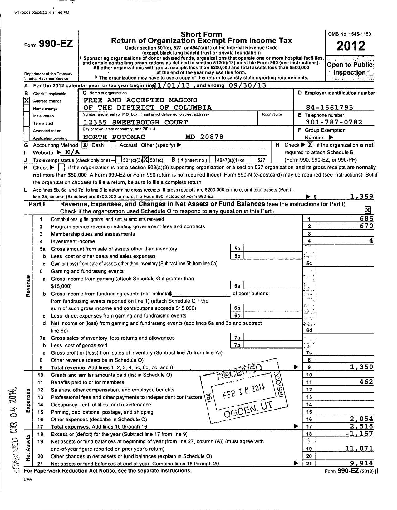 Image of first page of 2012 Form 990EO for Free and Accepted Masons of the District of Columbia - 1775 Freedom Military Lodge