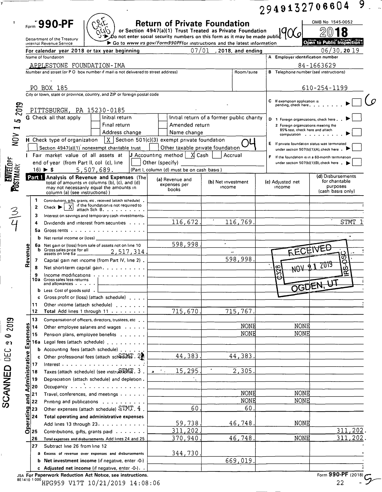 Image of first page of 2018 Form 990PF for Applestone Foundation-Ima