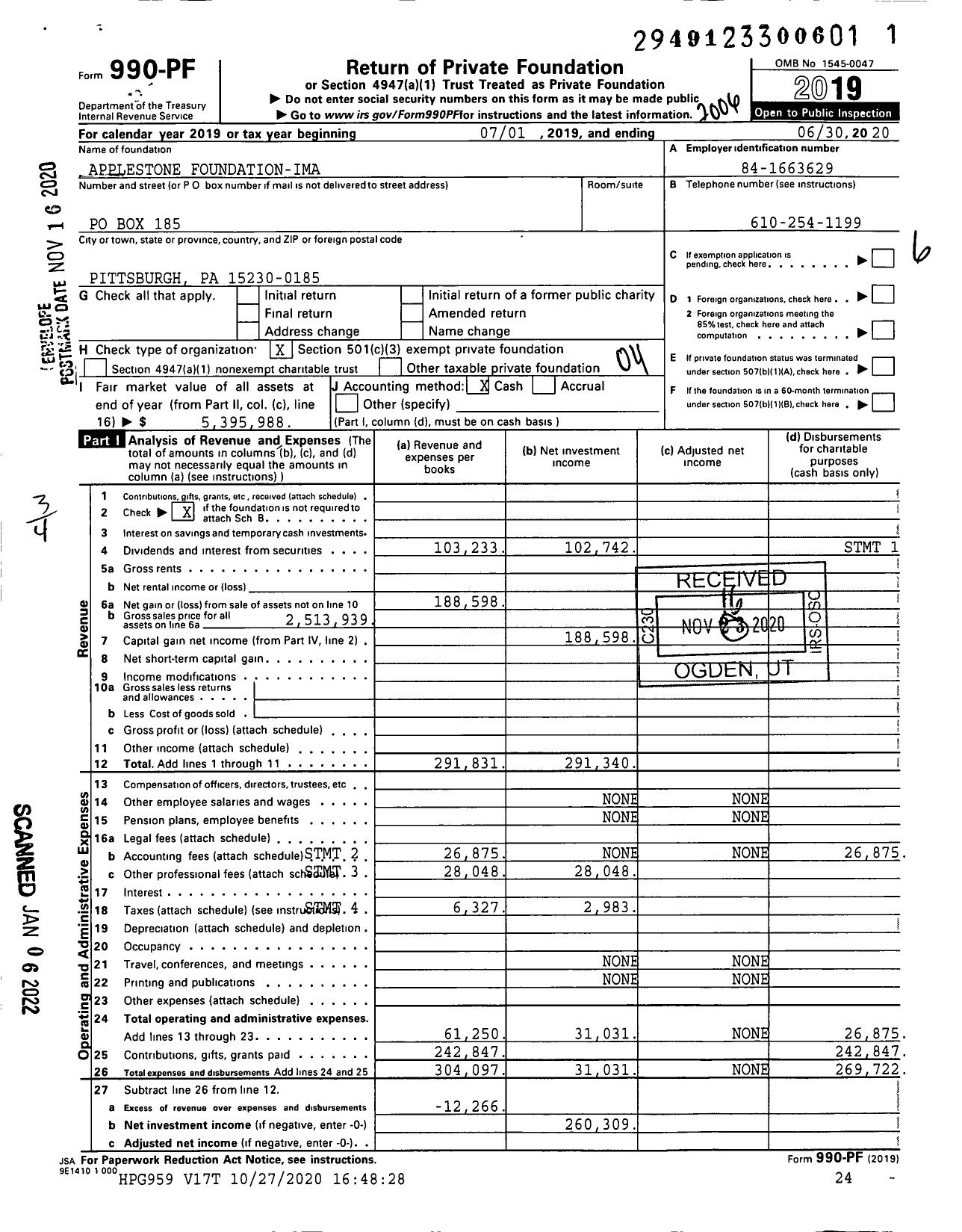 Image of first page of 2019 Form 990PF for Applestone Foundation-Ima