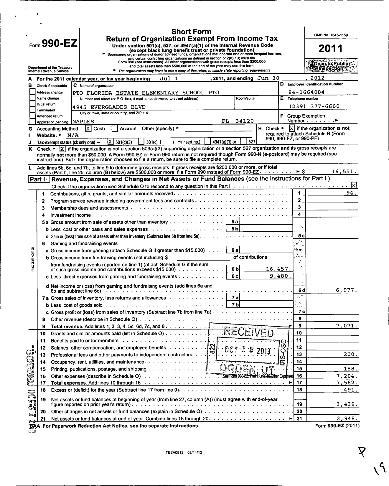 Image of first page of 2011 Form 990EZ for Estates Elementary Pto