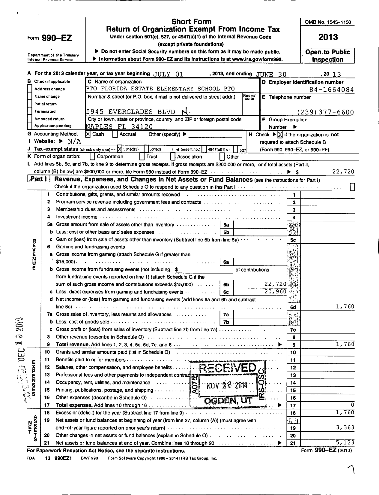 Image of first page of 2012 Form 990EZ for Estates Elementary Pto