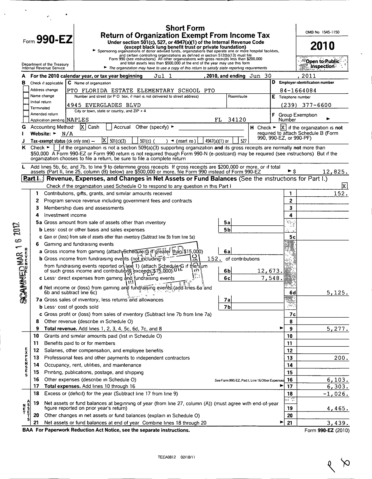 Image of first page of 2010 Form 990EZ for Estates Elementary Pto