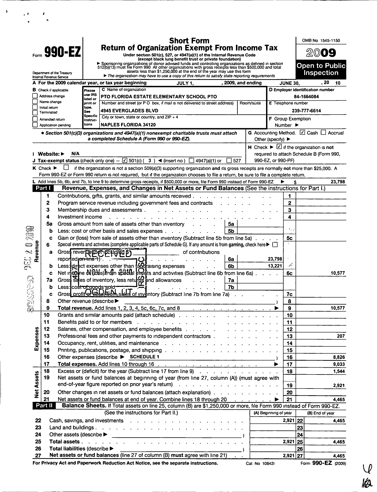 Image of first page of 2009 Form 990EZ for Estates Elementary Pto