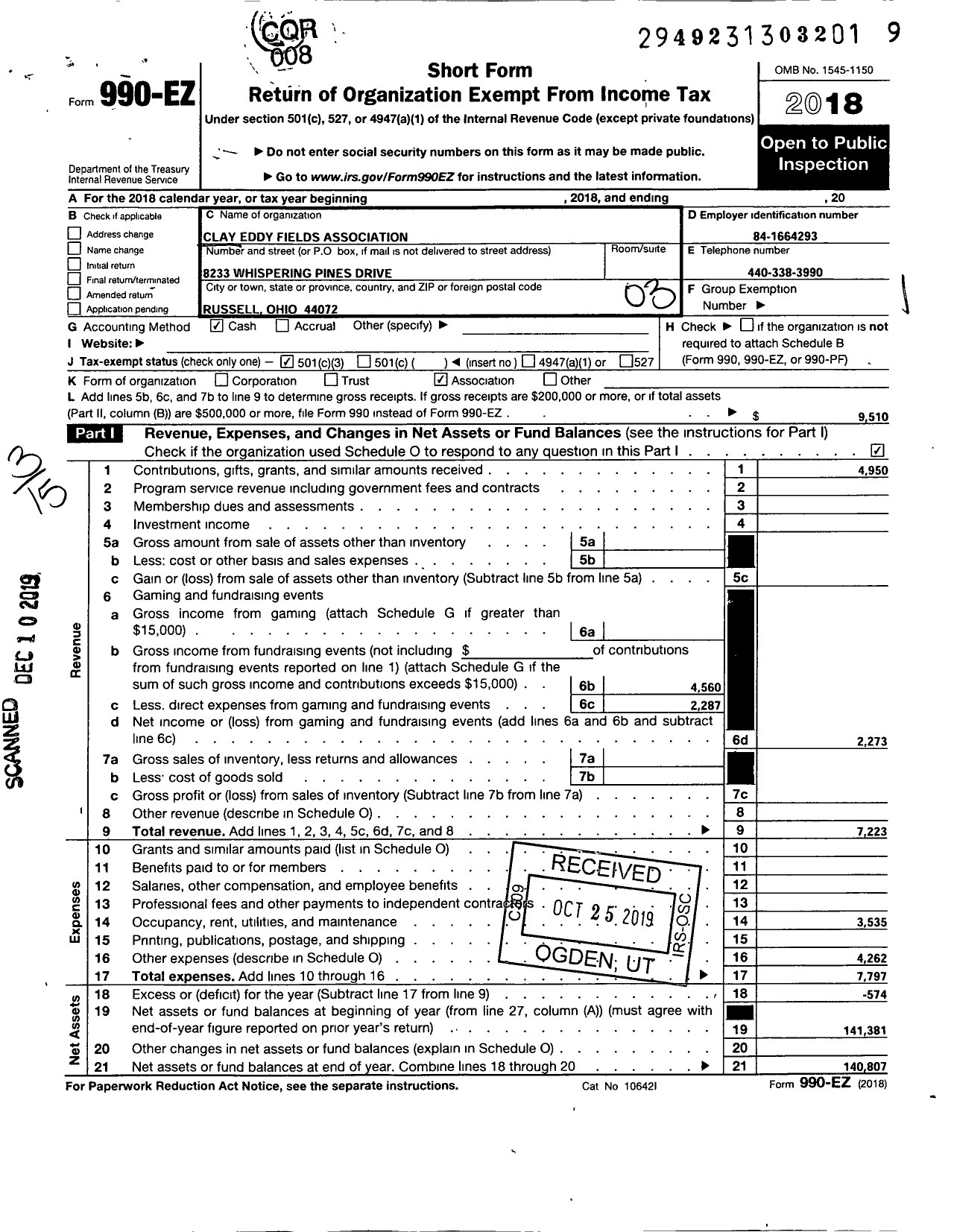 Image of first page of 2018 Form 990EZ for Clay Eddy Fields Association