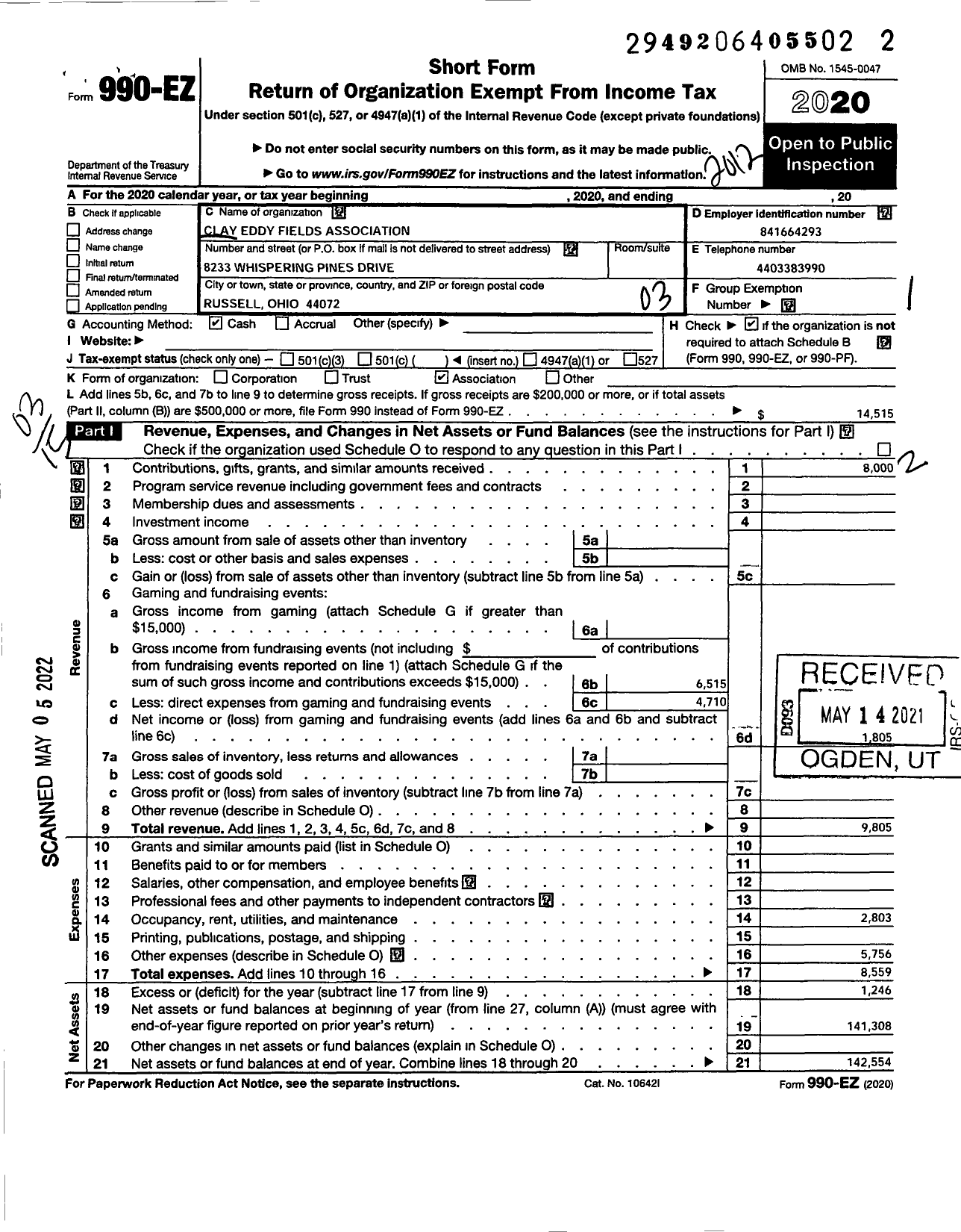 Image of first page of 2020 Form 990EZ for Clay Eddy Fields Association