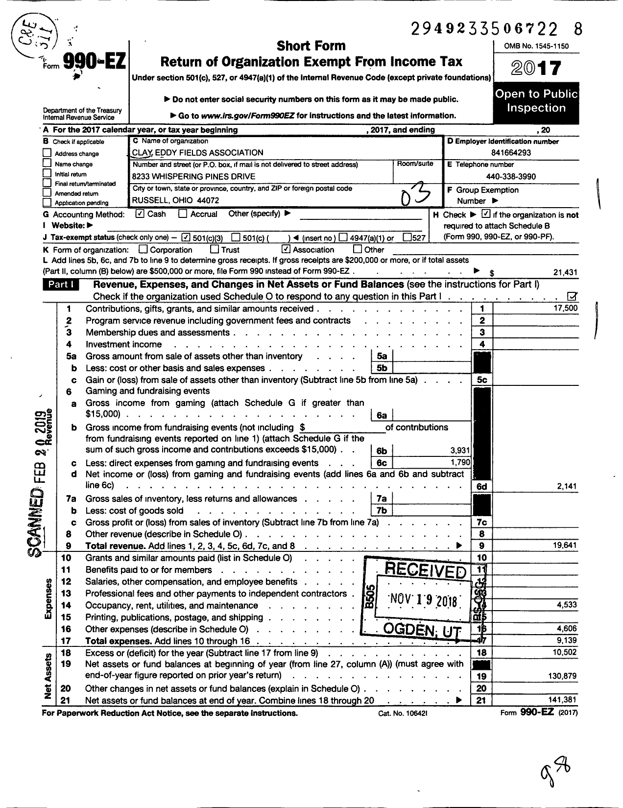 Image of first page of 2017 Form 990EZ for Clay Eddy Fields Association