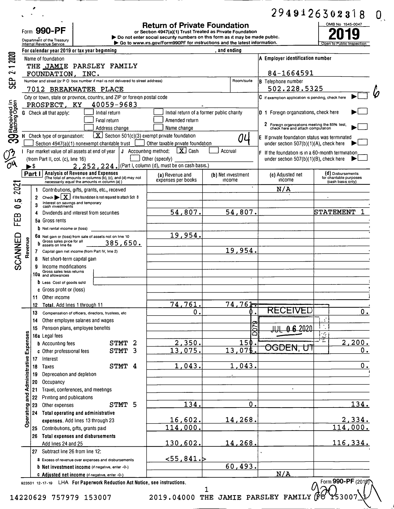 Image of first page of 2019 Form 990PF for The Jamie Parsley Family Foundation