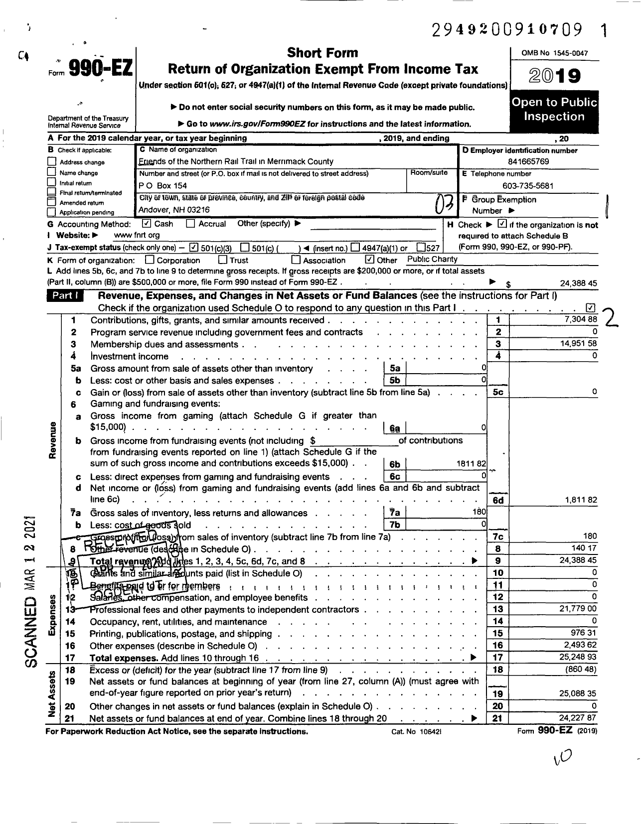 Image of first page of 2019 Form 990EZ for Friends of the Northern Rail Trail