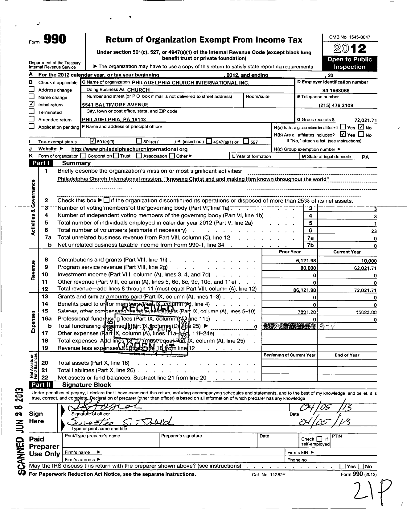 Image of first page of 2012 Form 990 for Philadelphia Church International / Rev Samuel B Martin