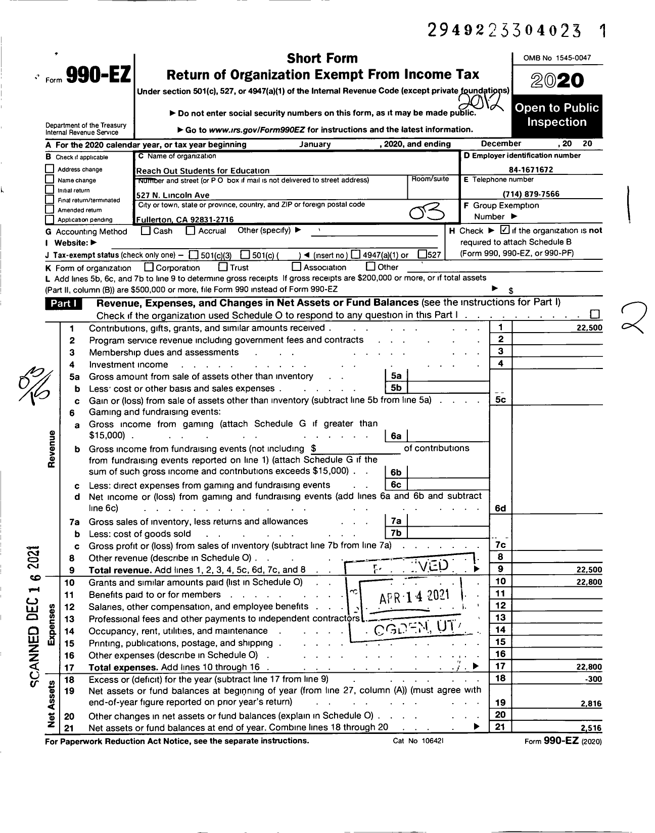 Image of first page of 2020 Form 990EZ for Reach Out Students for Education