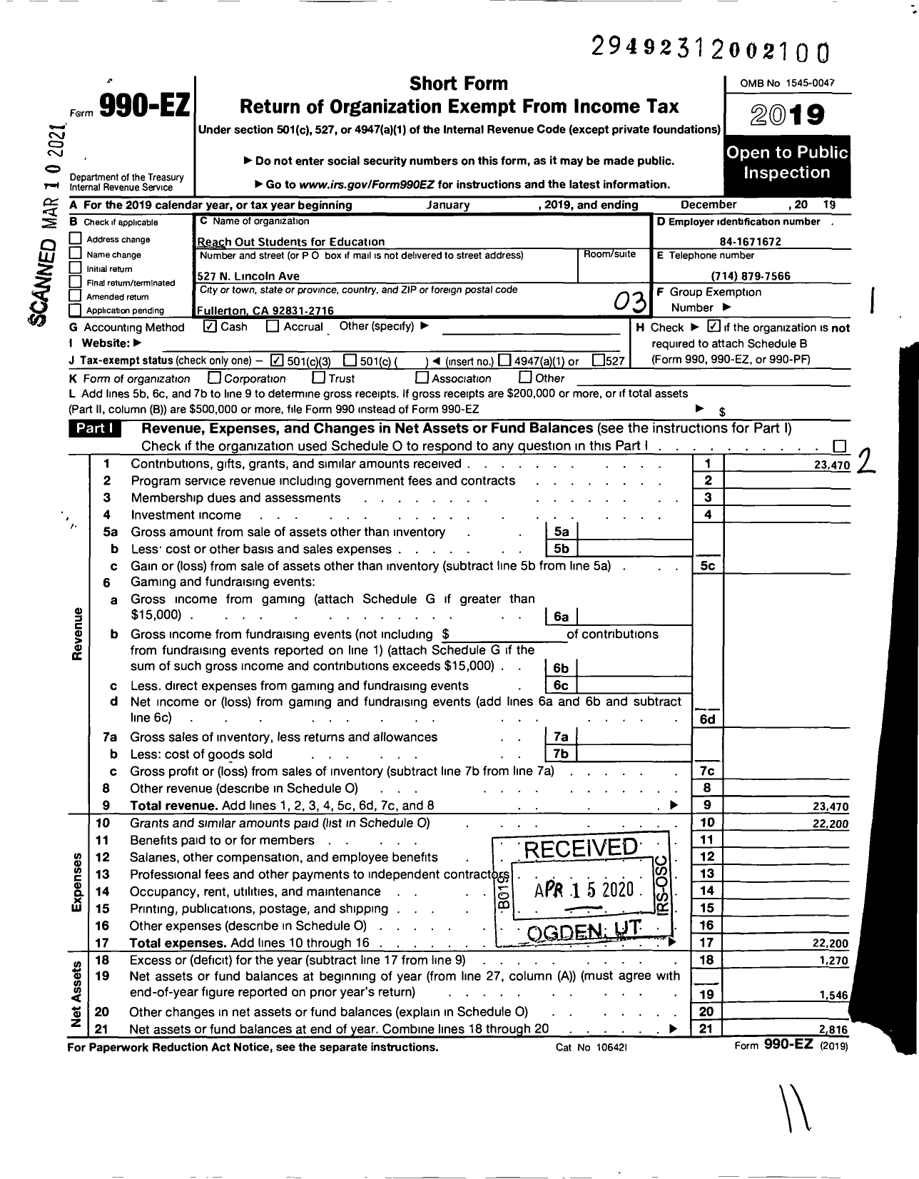 Image of first page of 2019 Form 990EZ for Reach Out Students for Education