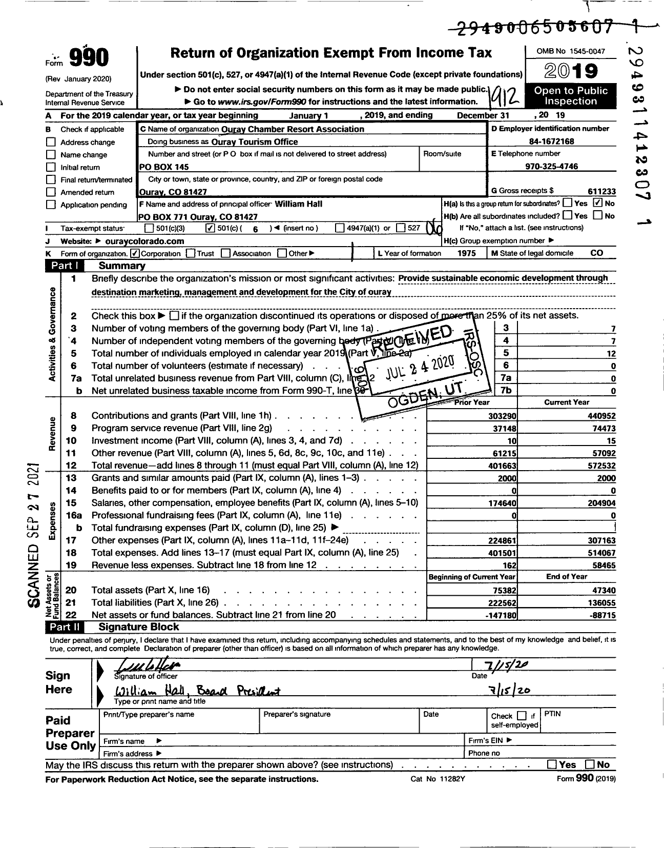 Image of first page of 2019 Form 990O for Ouray Chamber Resort Association