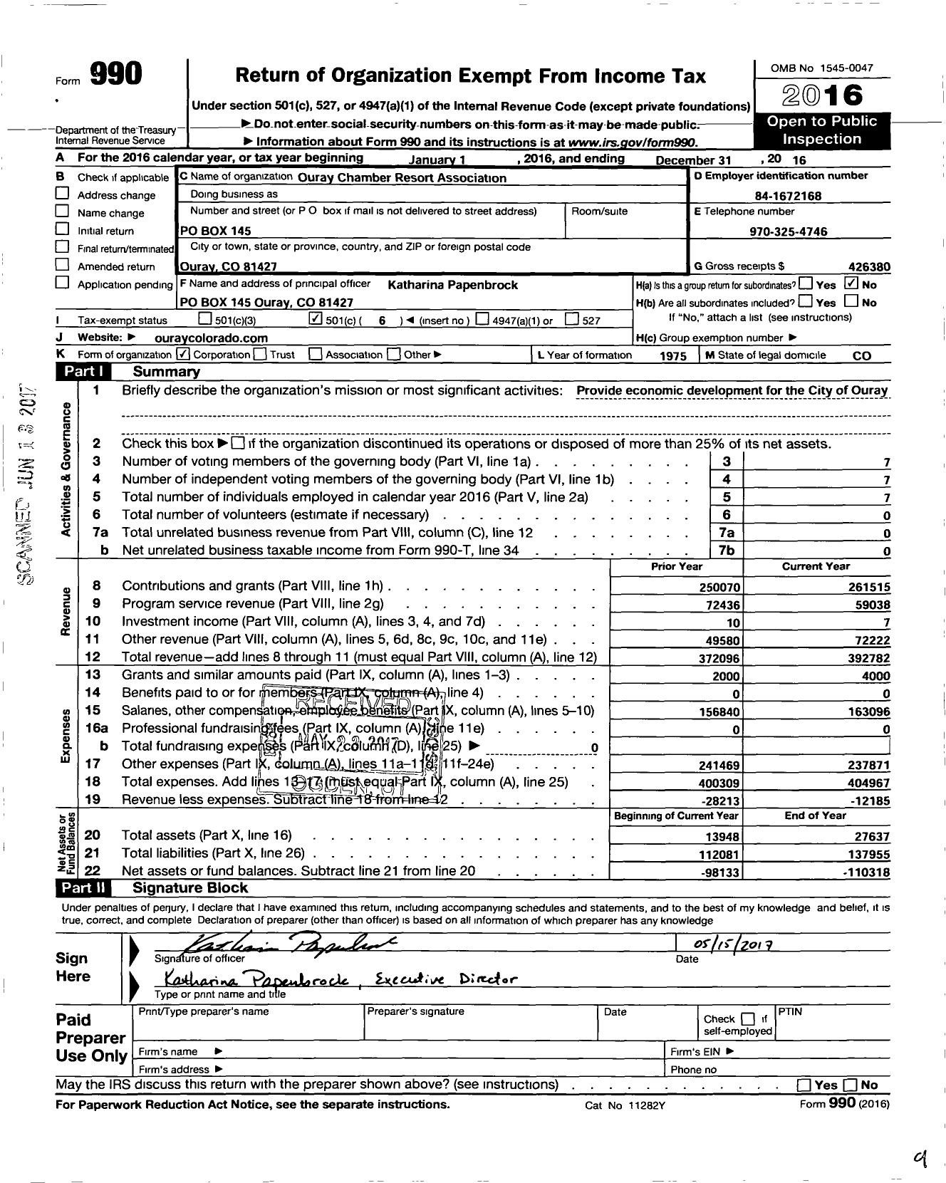 Image of first page of 2016 Form 990O for Ouray Chamber Resort Association