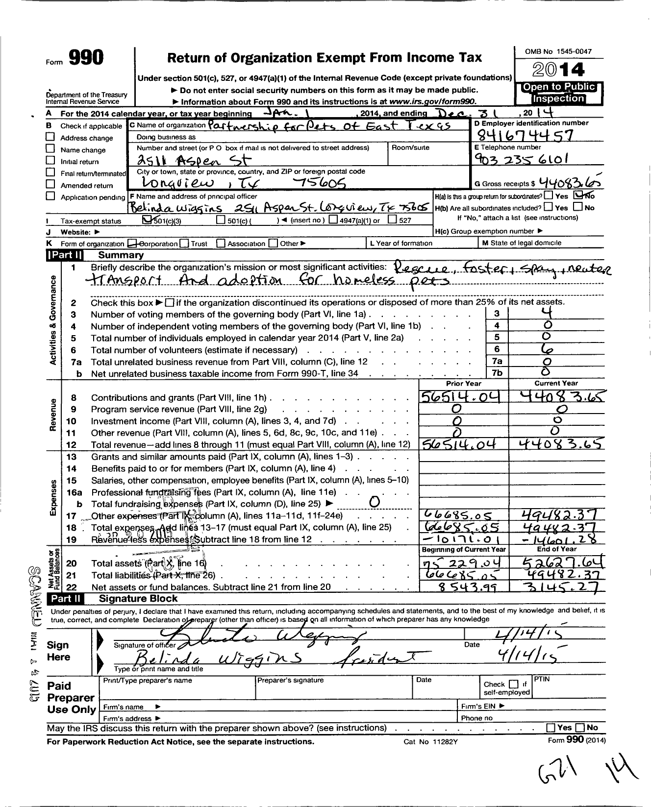 Image of first page of 2014 Form 990 for Partnership for Pets of East Texas