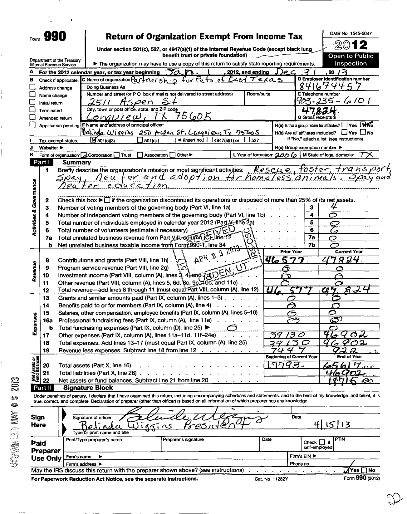 Image of first page of 2012 Form 990 for Partnership for Pets of East Texas