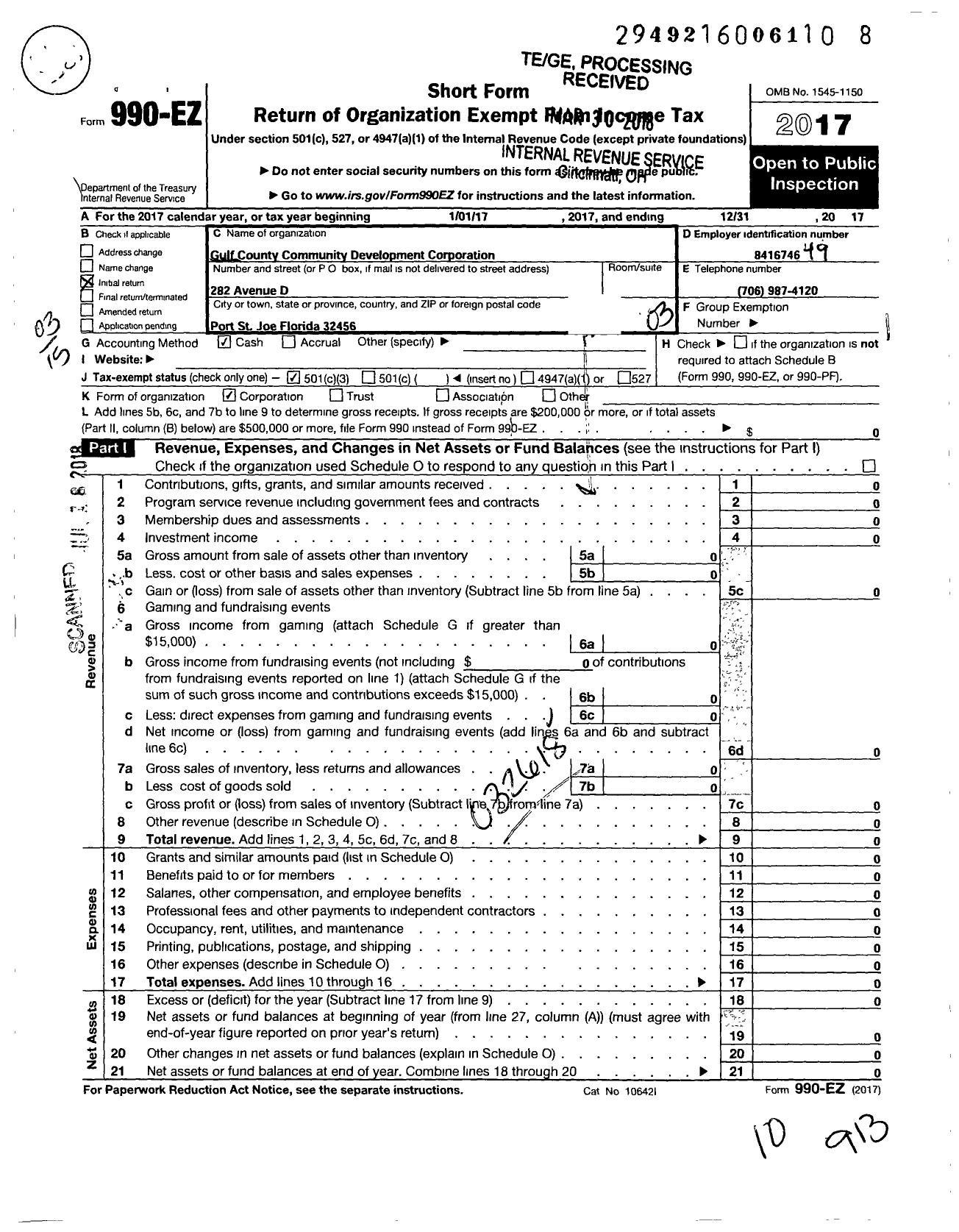 Image of first page of 2017 Form 990EZ for North Port St Joe Community Development Corporation