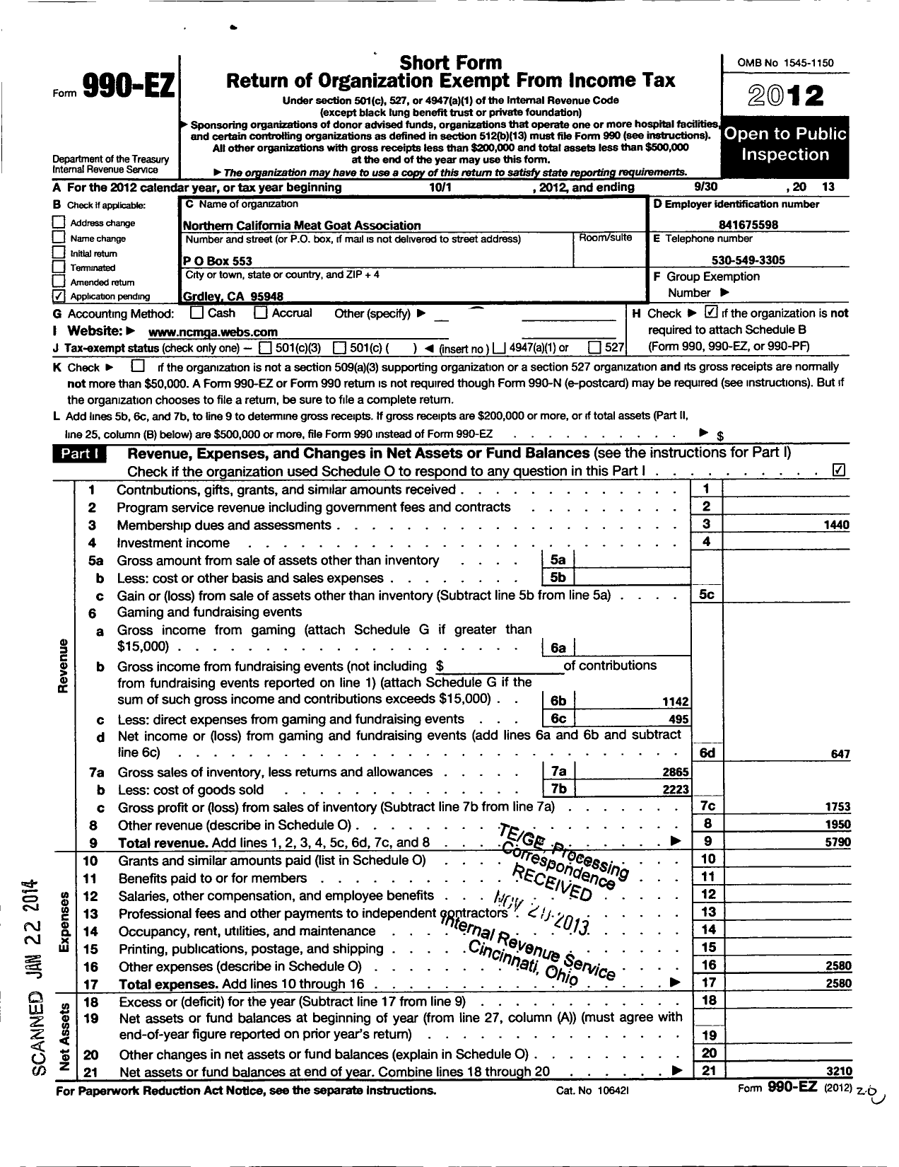 Image of first page of 2012 Form 990EO for Northern California Meat Goat Association