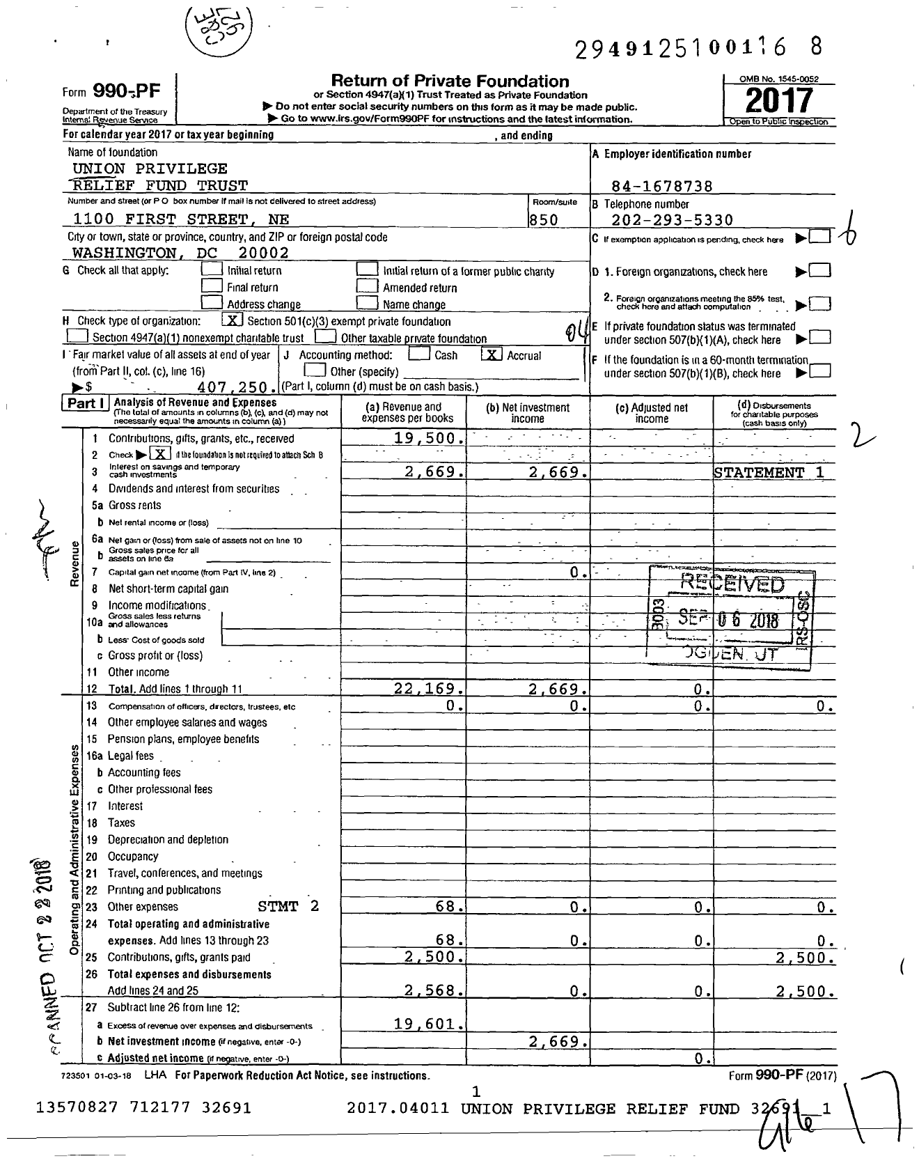 Image of first page of 2017 Form 990PF for Union Privilege Relief Fund Trust