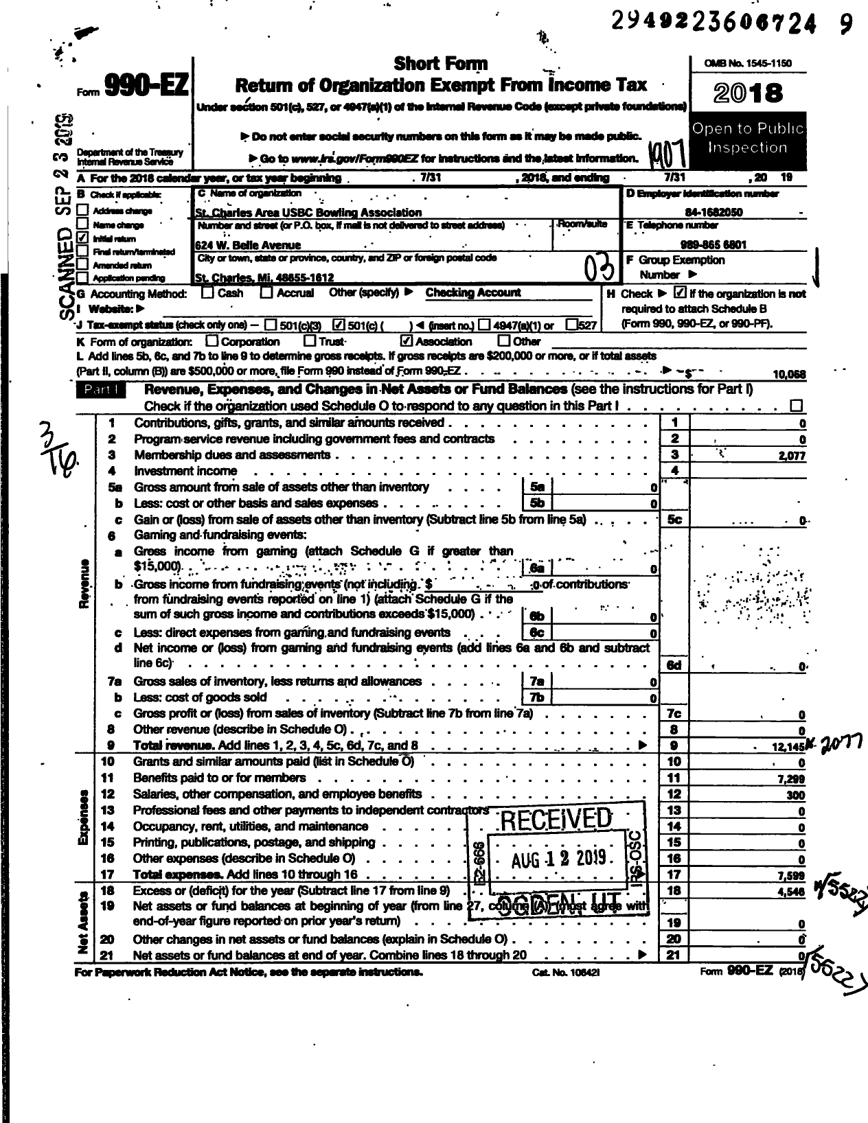 Image of first page of 2018 Form 990EZ for United States Bowling Congress - 86563 St Charles Area Usbc