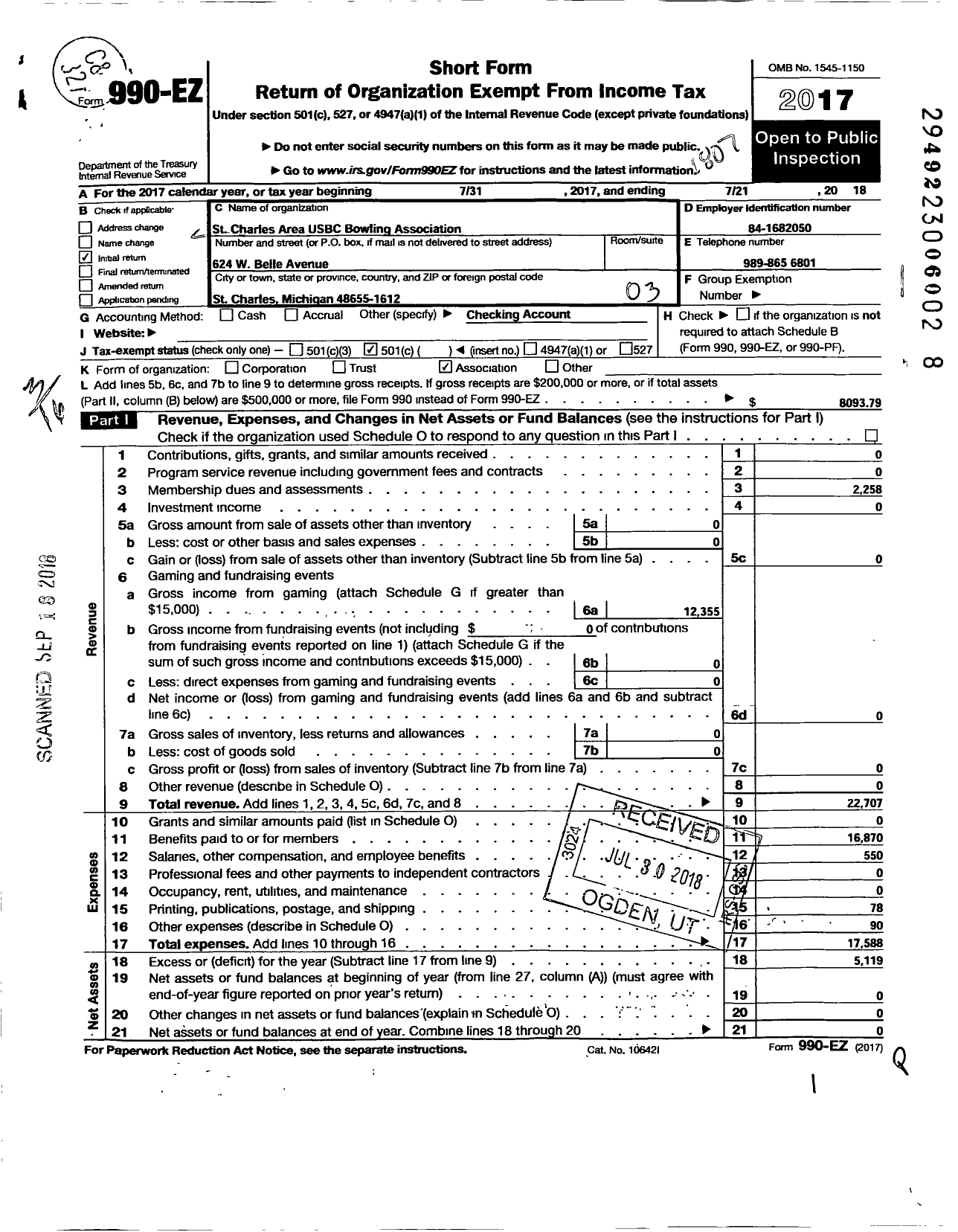 Image of first page of 2017 Form 990EZ for United States Bowling Congress - 86563 St Charles Area Usbc