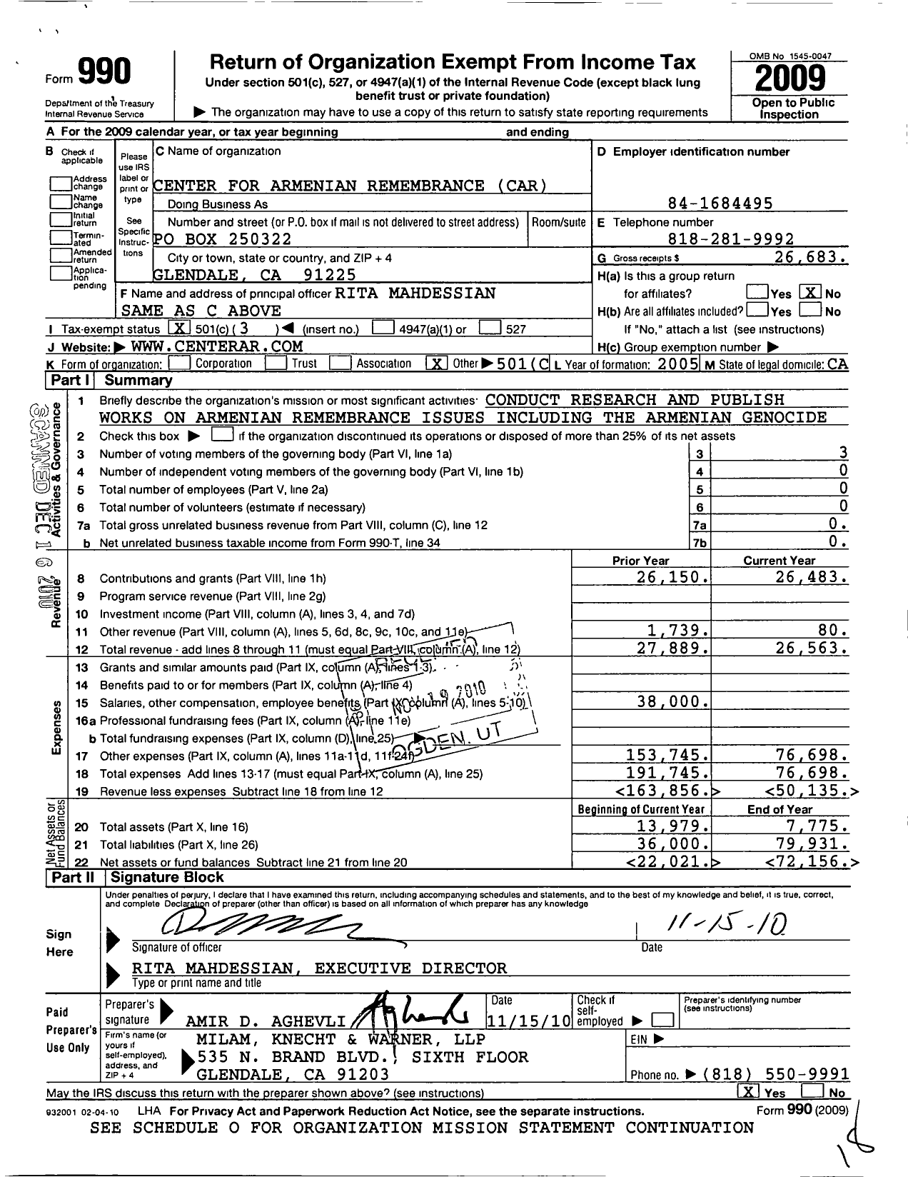 Image of first page of 2009 Form 990 for Center for Armenian Remembrance (CAR)