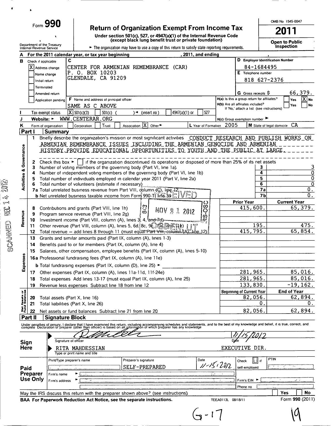 Image of first page of 2011 Form 990 for Center for Armenian Remembrance (CAR)