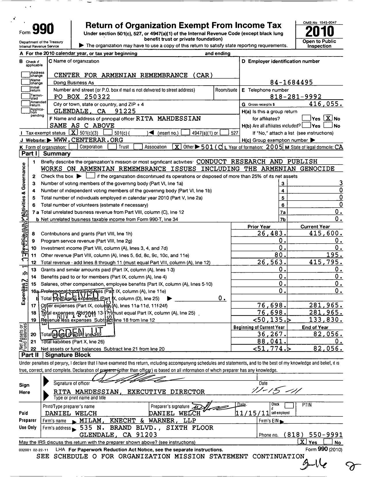 Image of first page of 2010 Form 990 for Center for Armenian Remembrance (CAR)