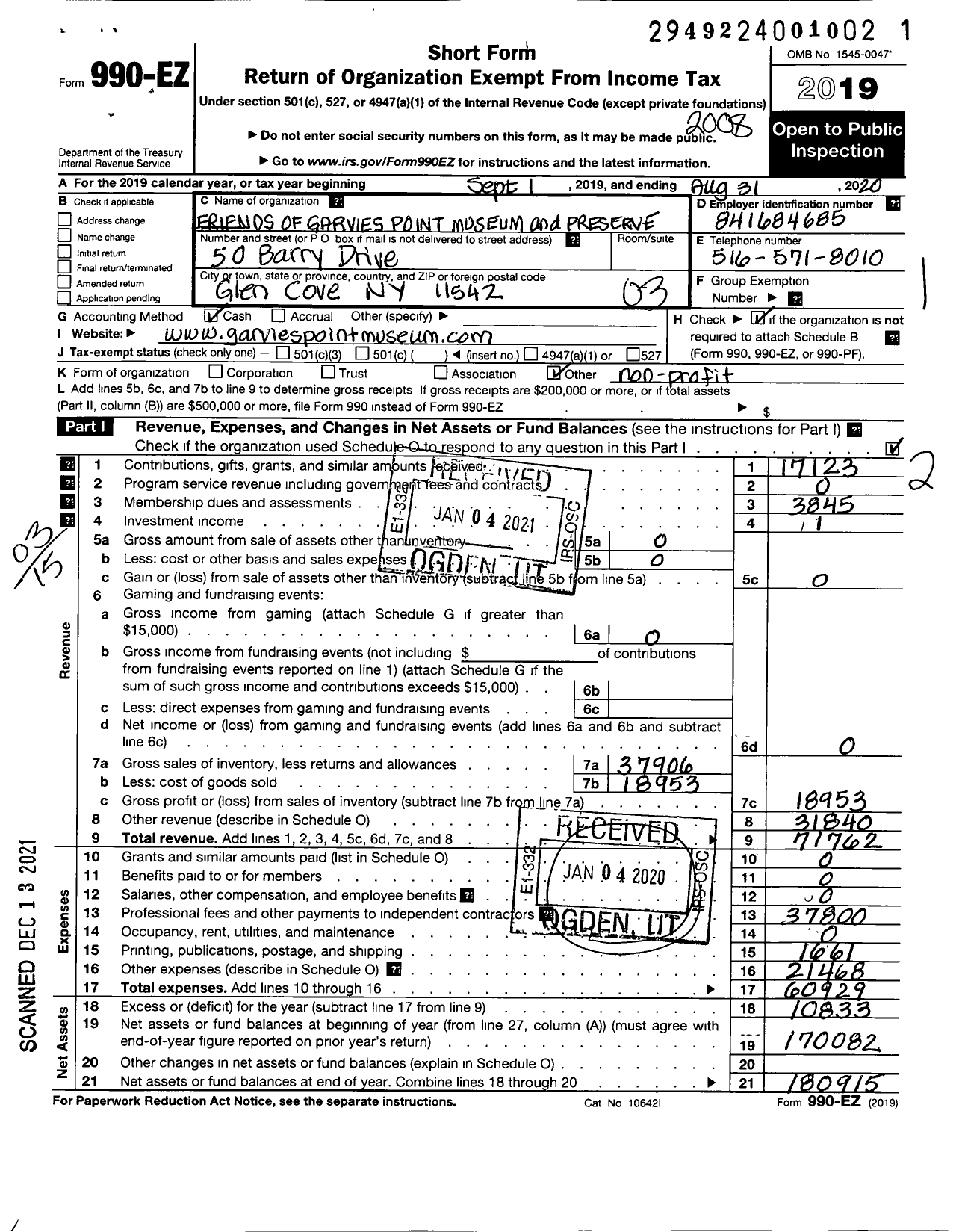 Image of first page of 2019 Form 990EZ for Friends of Garvies Point Museum and Preserve