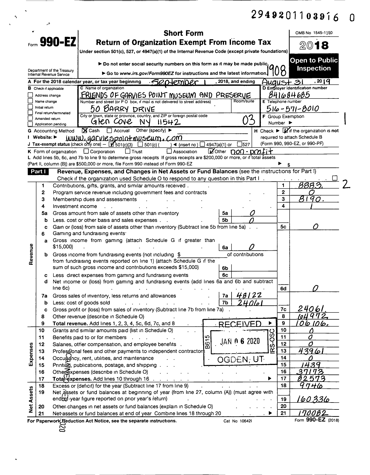 Image of first page of 2018 Form 990EZ for Friends of Garvies Point Museum and Preserve