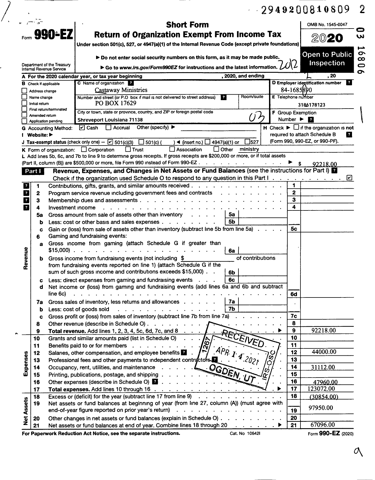 Image of first page of 2020 Form 990EZ for Castaway Ministries