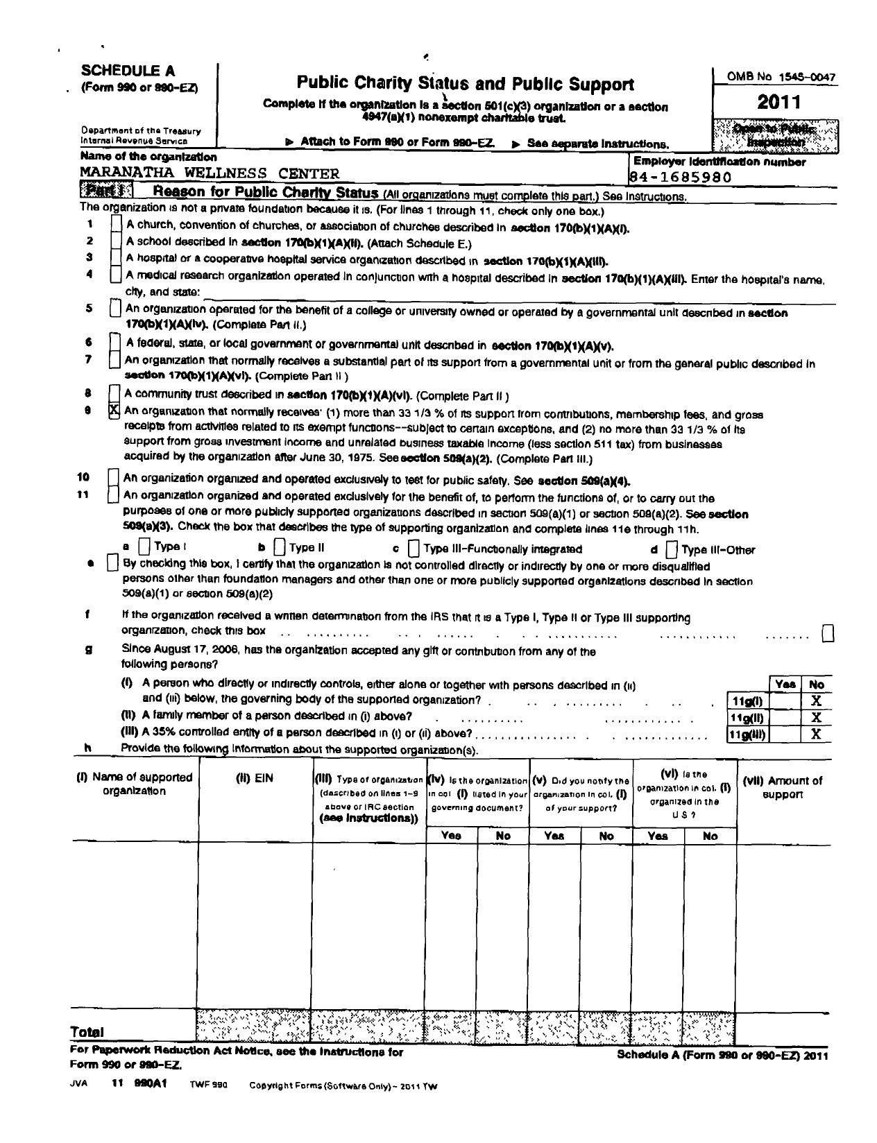 Image of first page of 2011 Form 990ER for Maranatha Wellness Center