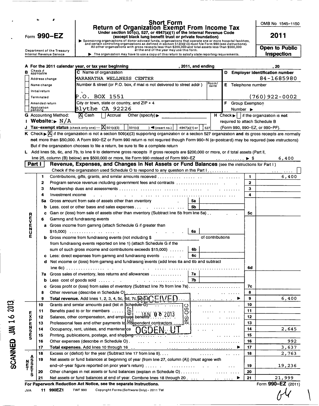 Image of first page of 2011 Form 990EZ for Maranatha Wellness Center