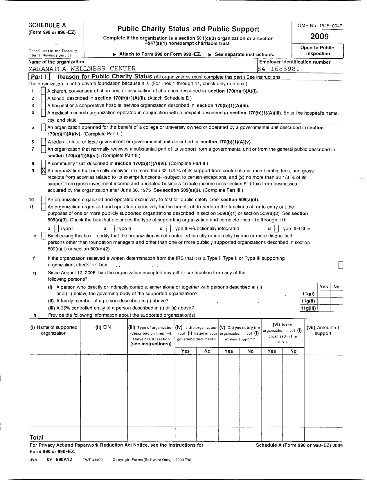 Image of first page of 2009 Form 990ER for Maranatha Wellness Center