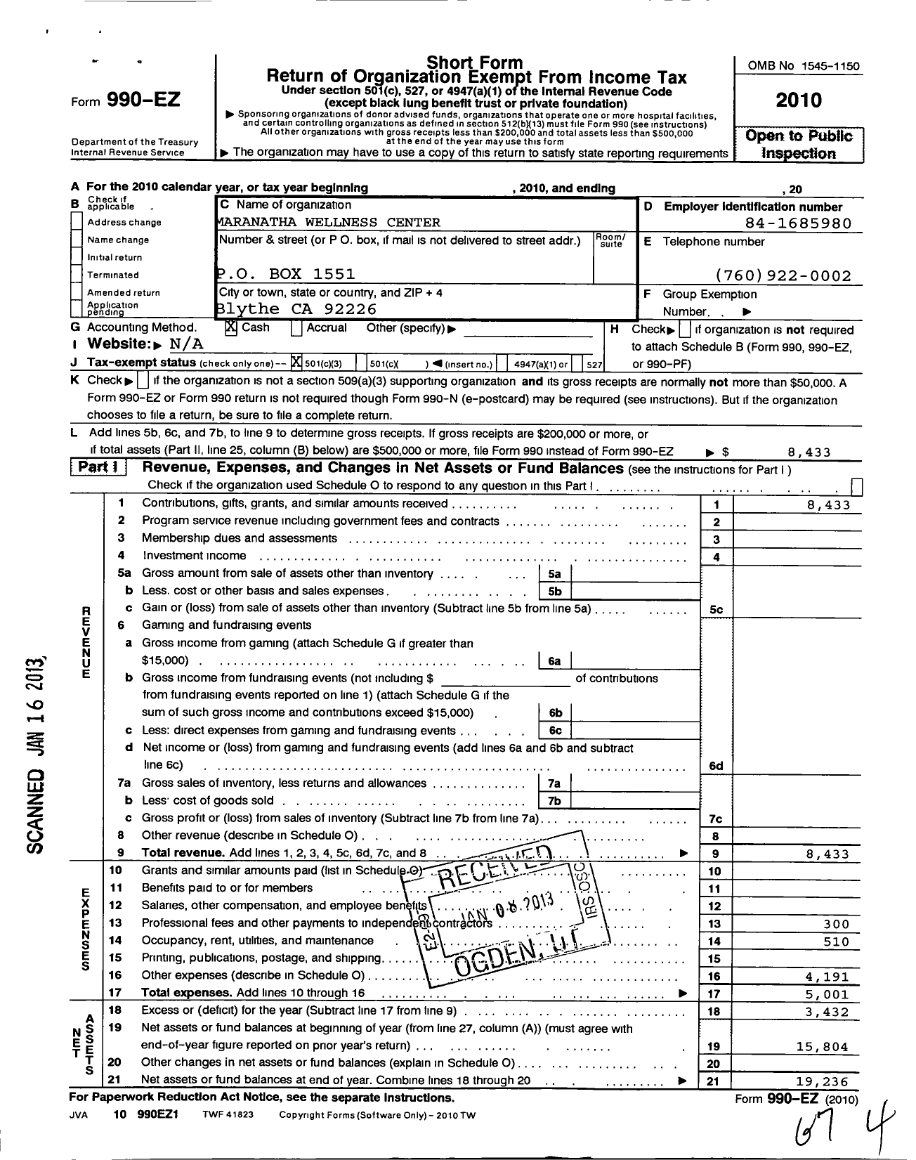 Image of first page of 2010 Form 990EZ for Maranatha Wellness Center