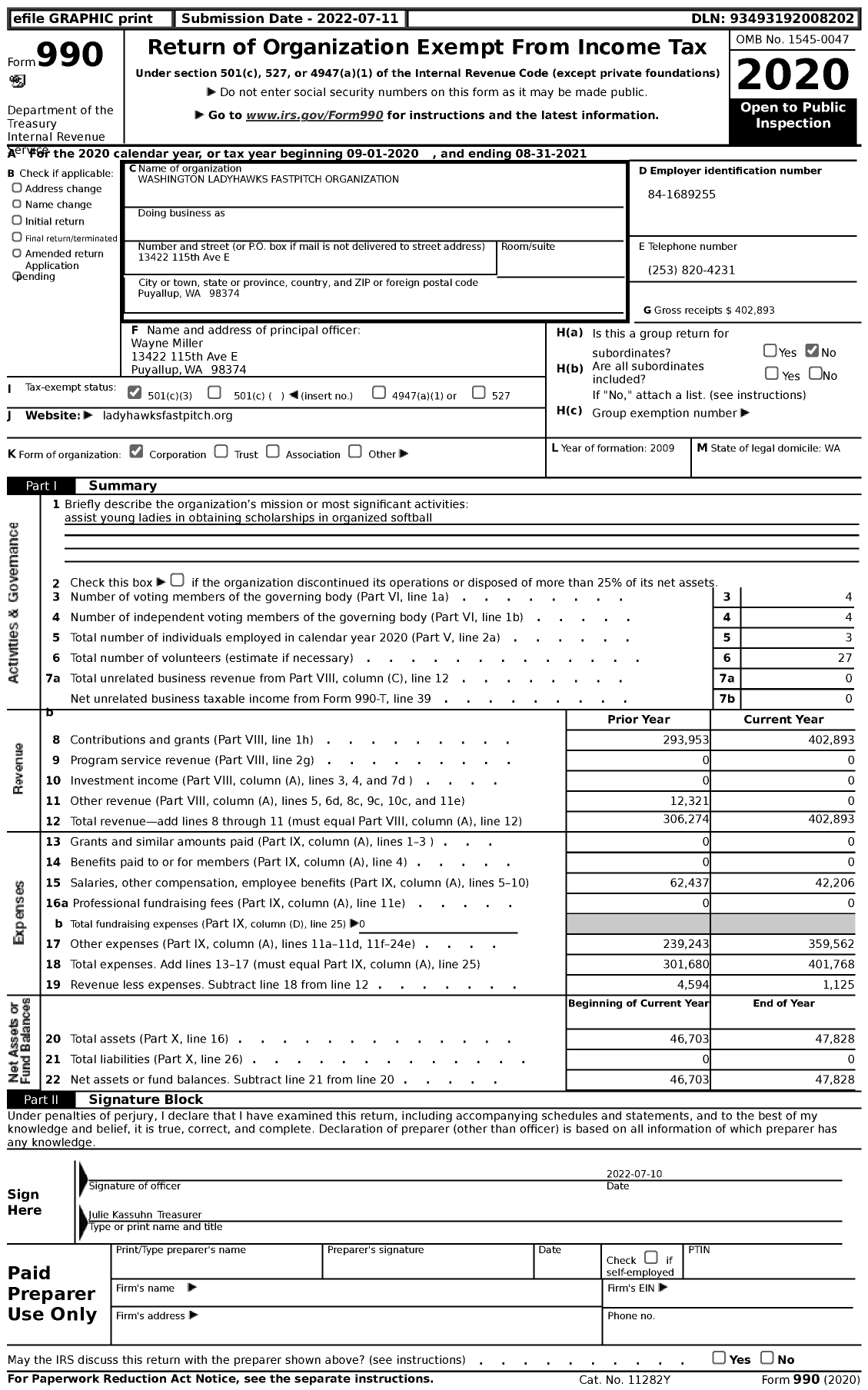 Image of first page of 2020 Form 990 for Washington Ladyhawks Fastpitch Organization