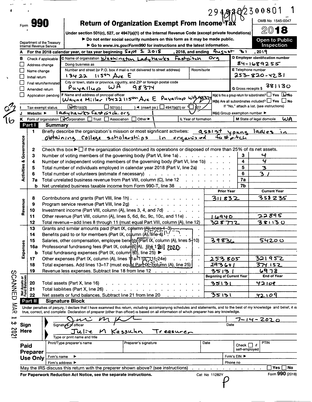 Image of first page of 2018 Form 990 for Washington Ladyhawks Fastpitch Organization