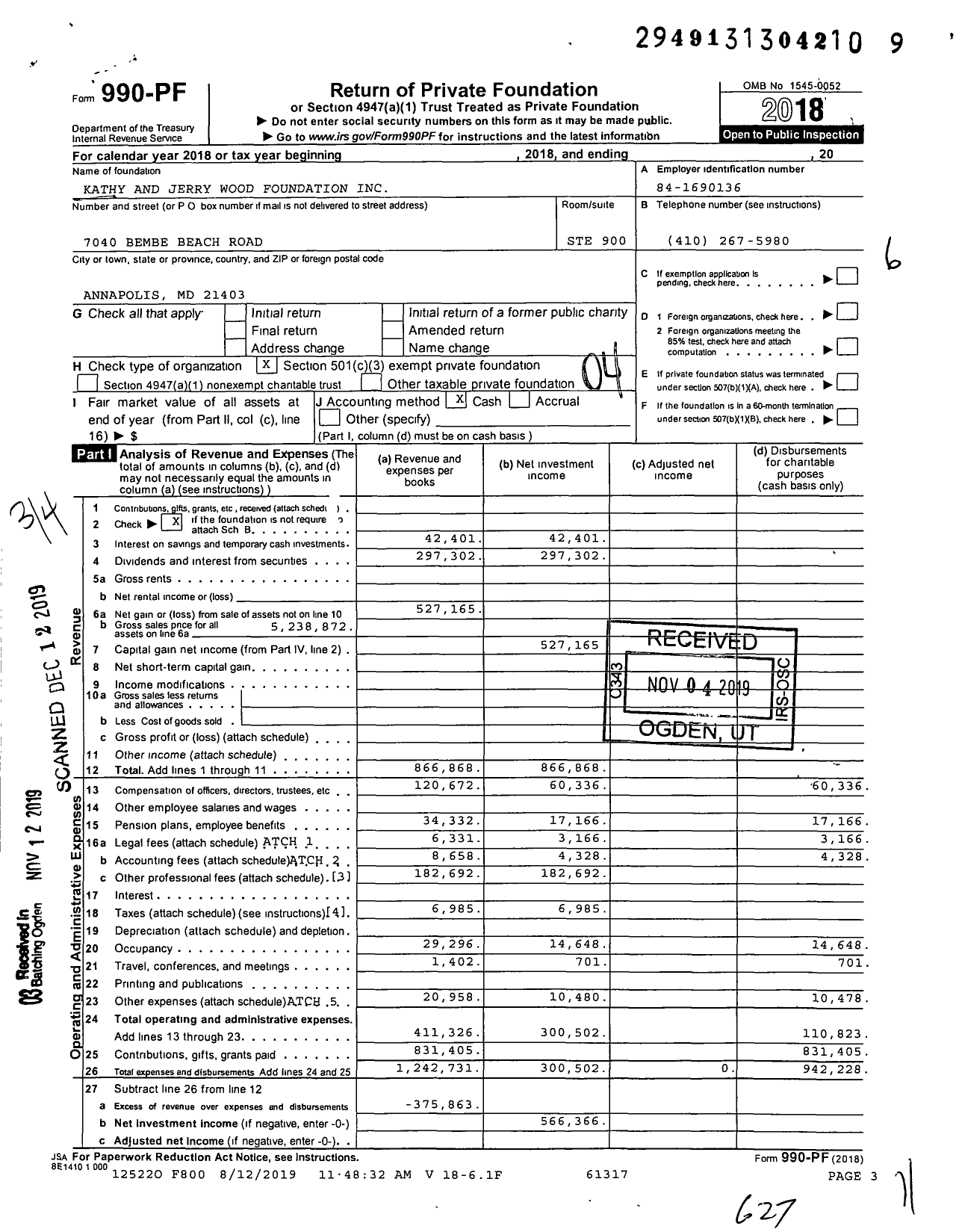 Image of first page of 2018 Form 990PF for Kathy and Jerry Wood Foundation