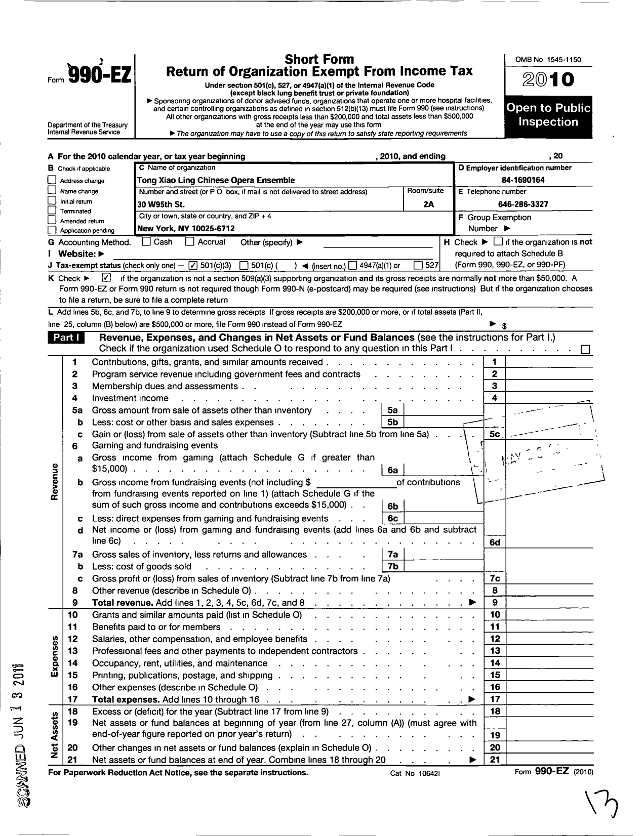 Image of first page of 2010 Form 990EZ for Tong Xiao Ling Chinese Opera Ensemble