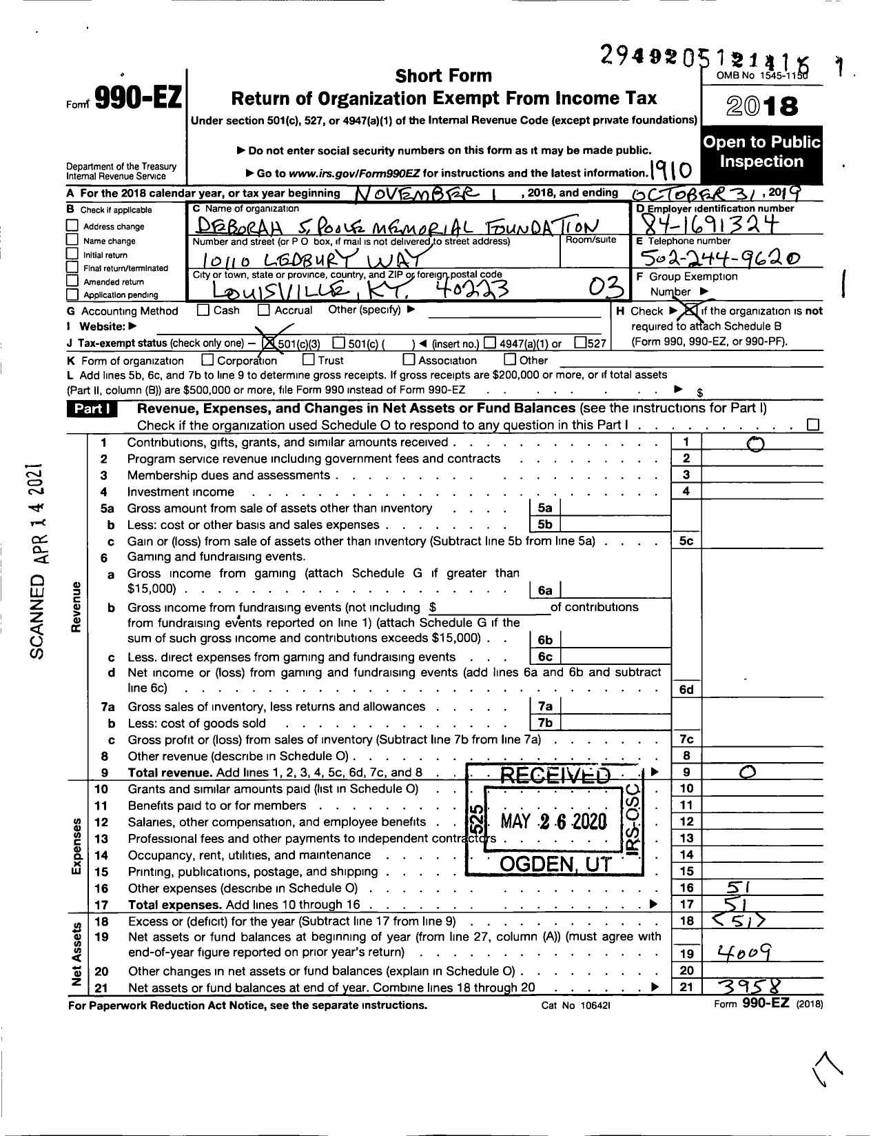 Image of first page of 2018 Form 990EZ for Deborah S Poole Memorial Foundation