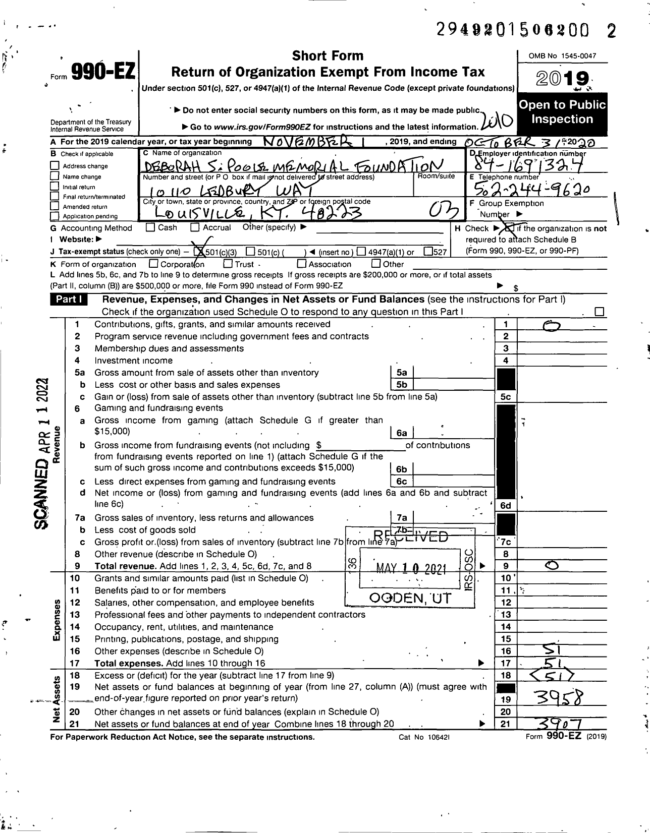 Image of first page of 2019 Form 990EZ for Deborah S Poole Memorial Foundation