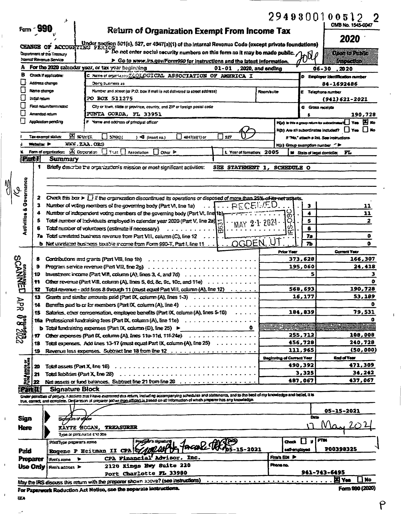 Image of first page of 2019 Form 990 for Zoological Association of America Incorporated