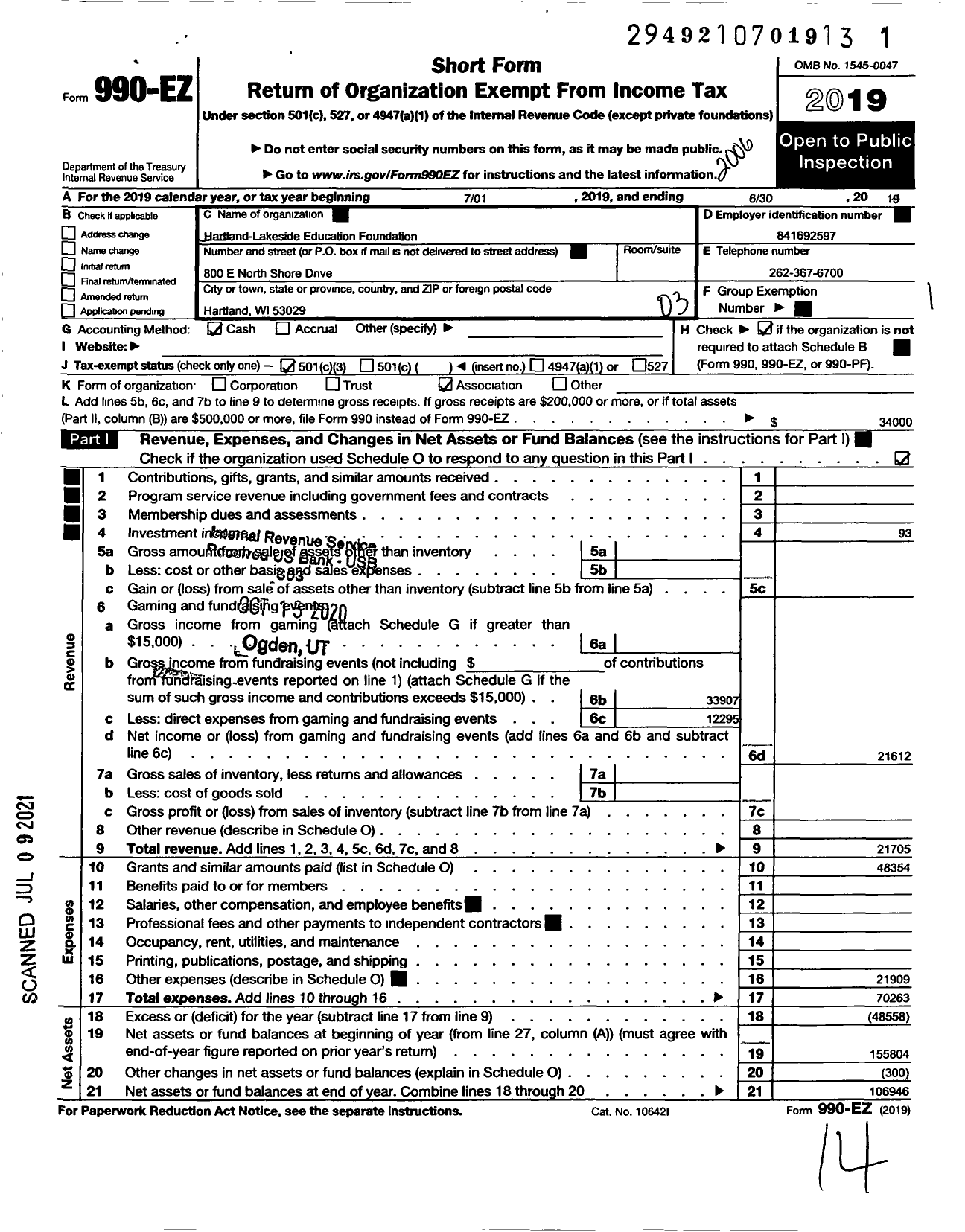 Image of first page of 2019 Form 990EZ for Hartland-Lakeside Education Foundation