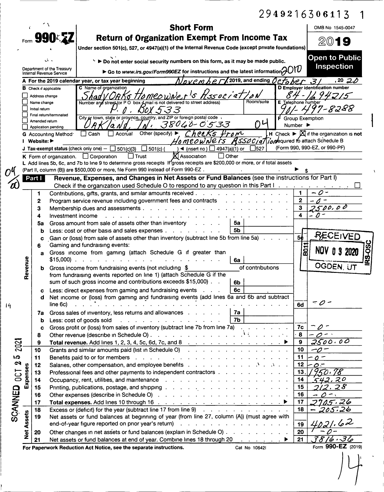 Image of first page of 2019 Form 990EO for Shady Oaks Homeowners Association