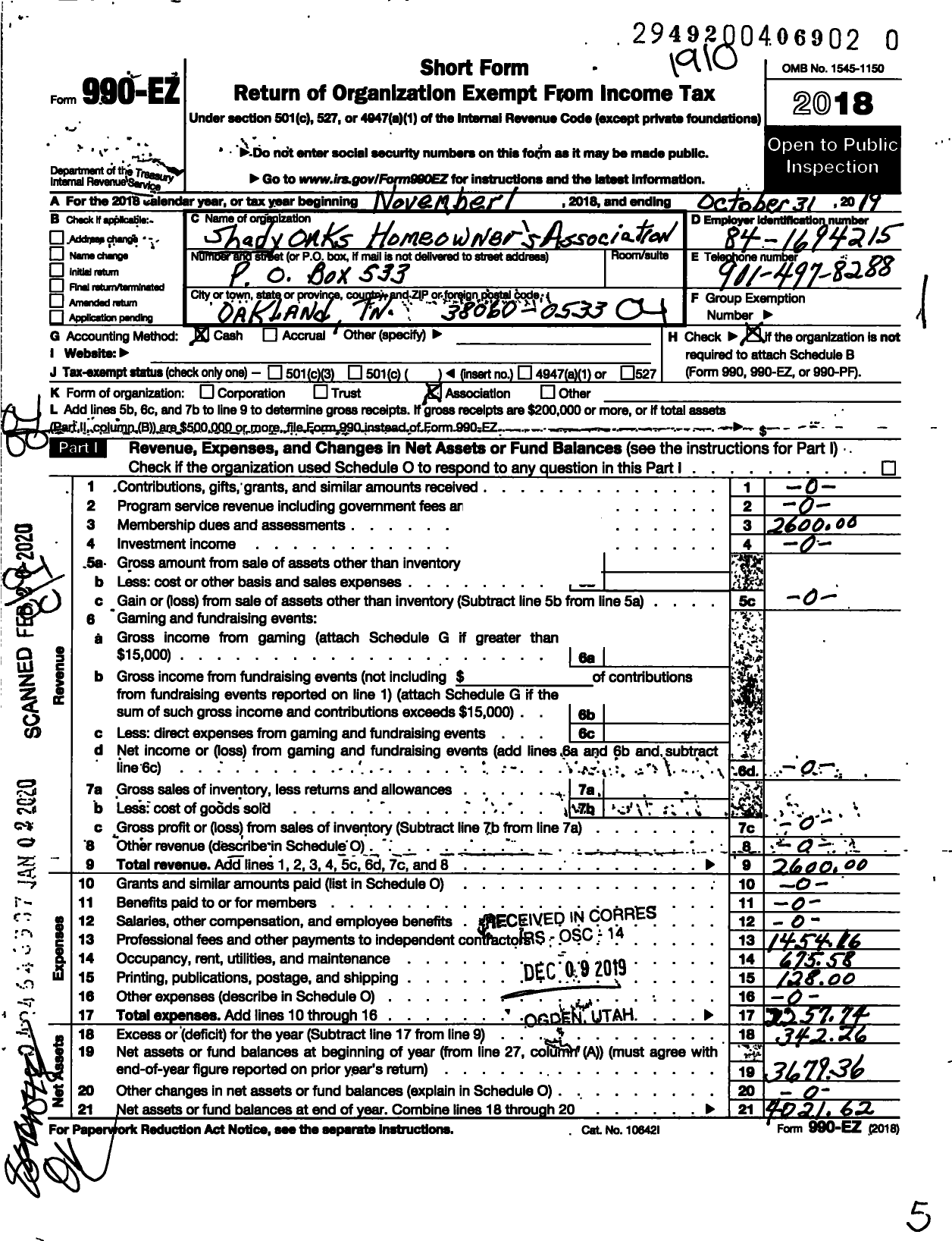 Image of first page of 2018 Form 990EO for Shady Oaks Homeowners Association