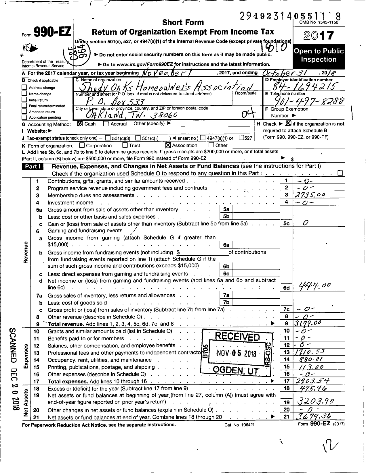 Image of first page of 2017 Form 990EO for Shady Oaks Homeowners Association