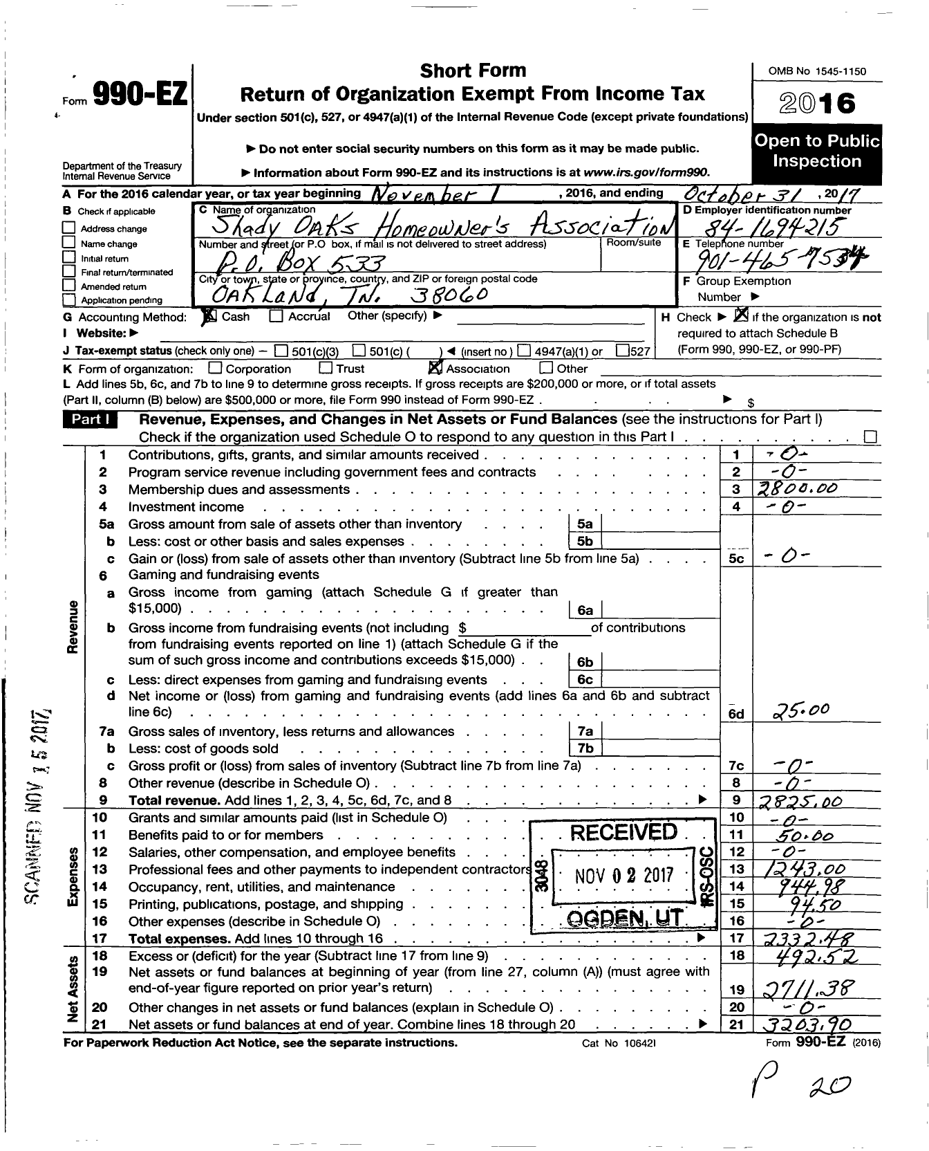 Image of first page of 2016 Form 990EO for Shady Oaks Homeowners Association