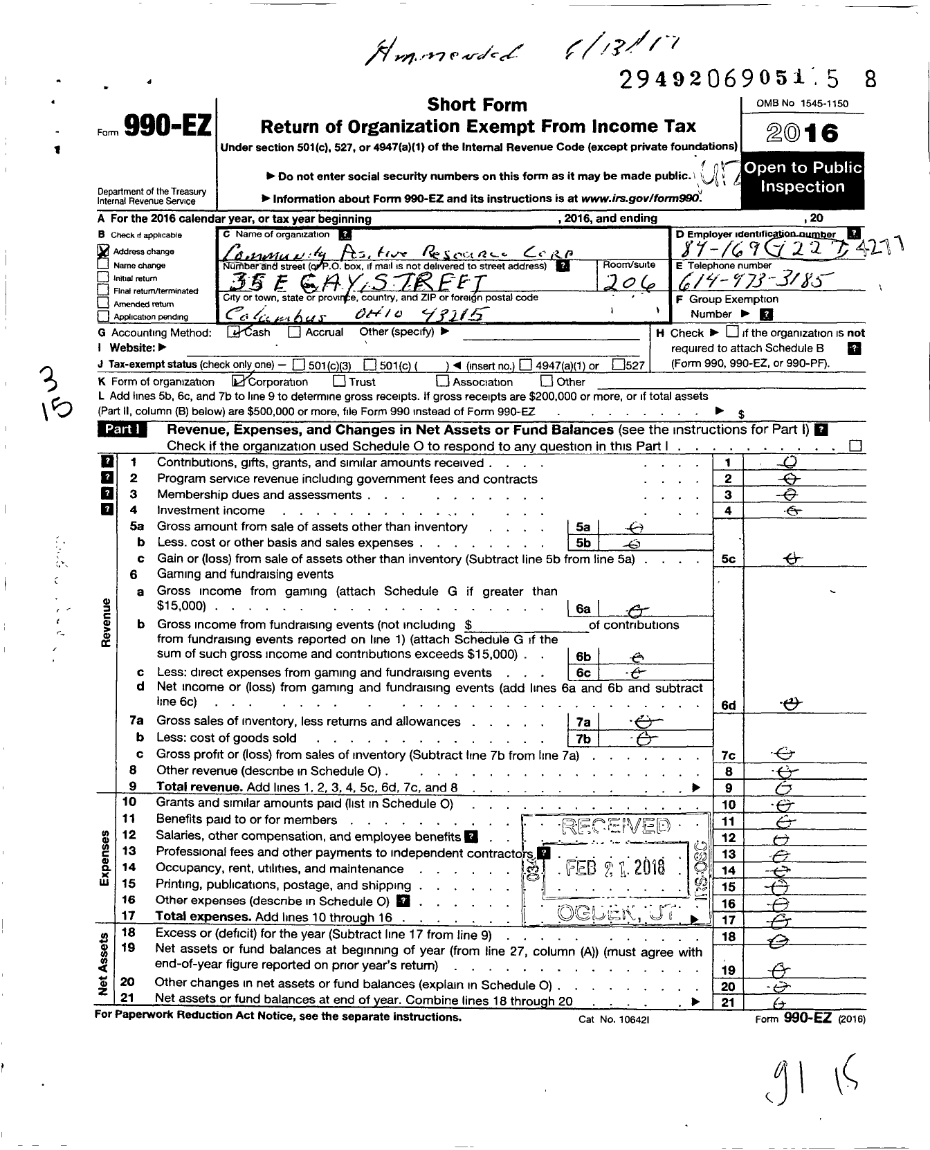Image of first page of 2016 Form 990EO for Community Postitve Resource Corporation