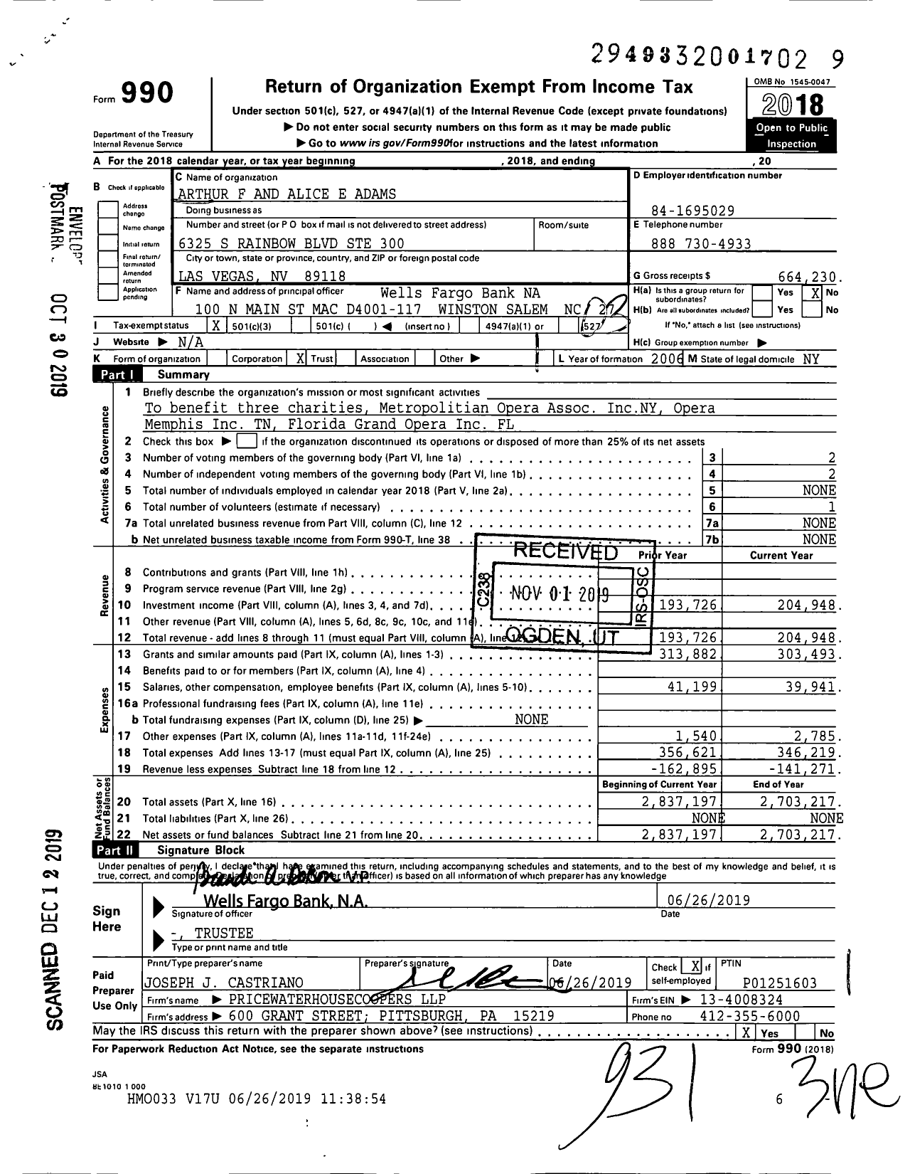 Image of first page of 2018 Form 990 for Arthur F and Alice E Adams