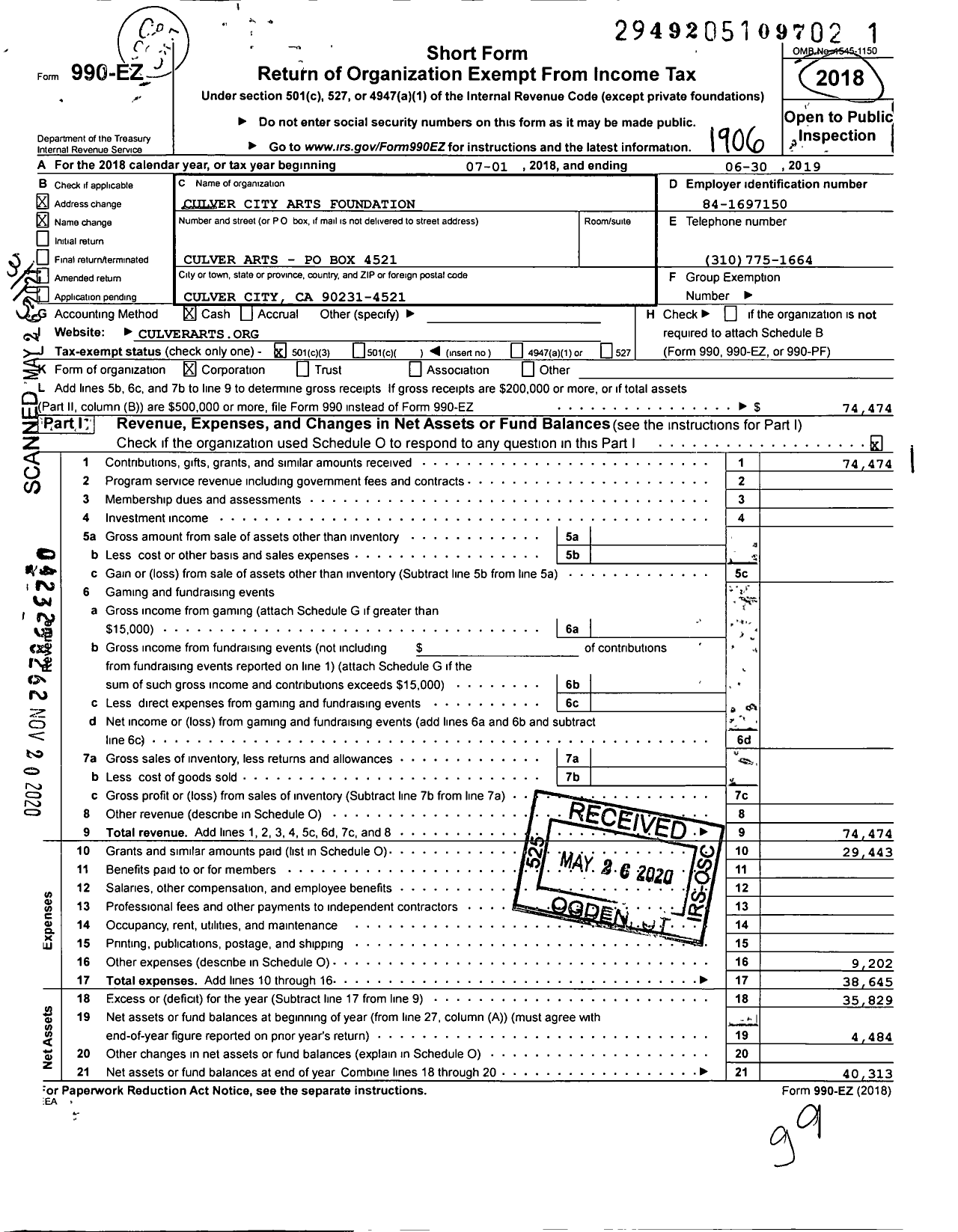 Image of first page of 2018 Form 990EZ for Culver City Arts Foundation