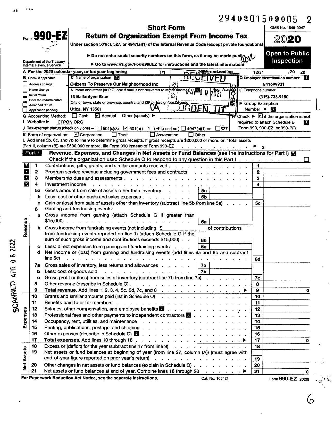 Image of first page of 2020 Form 990EO for Citizens To Preserve Our Neighborhood